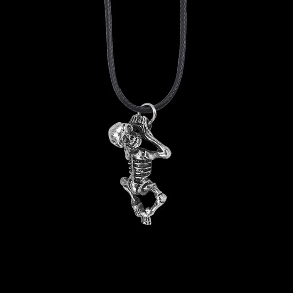 Silver Hanging Skeleton Skull Black Rope Necklace